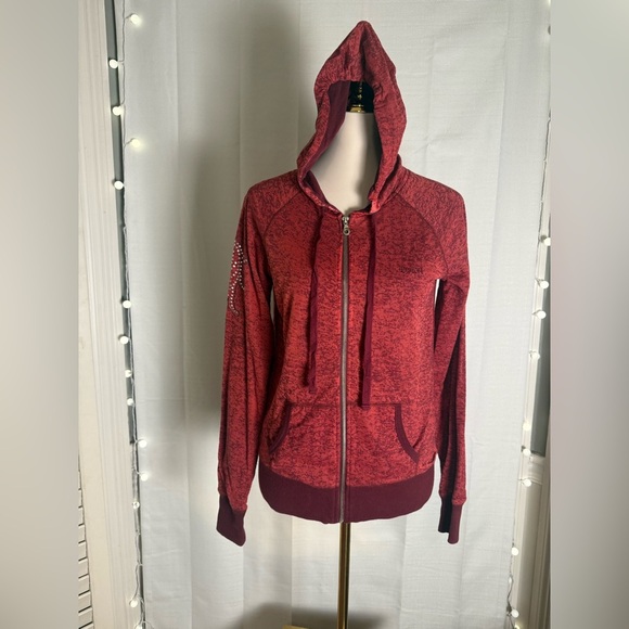 Cruel Zip-Up Hoodie Red Burnout Rhinestone Embellished Size M - Picture 1 of 11
